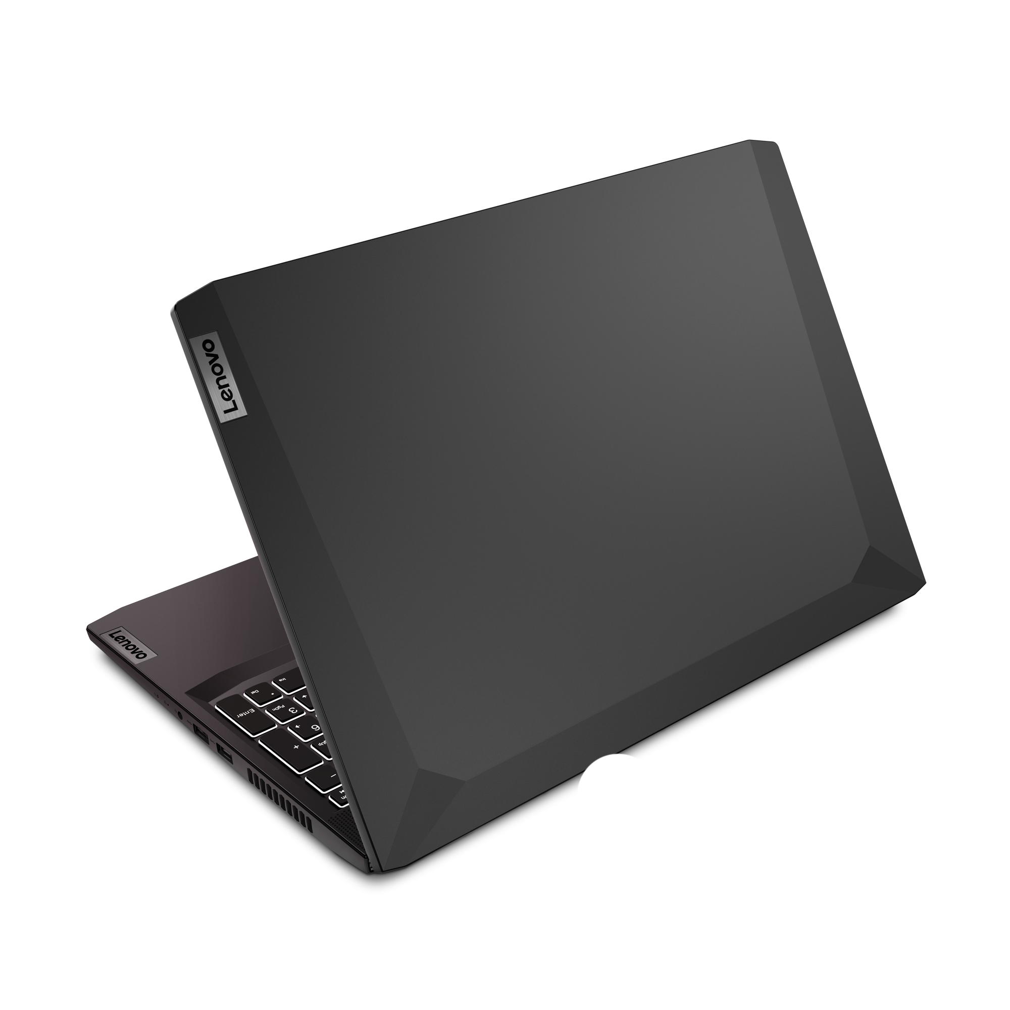 Portátil Lenovo negro, abierto. El logotipo de Lenovo es visible en la tapa.