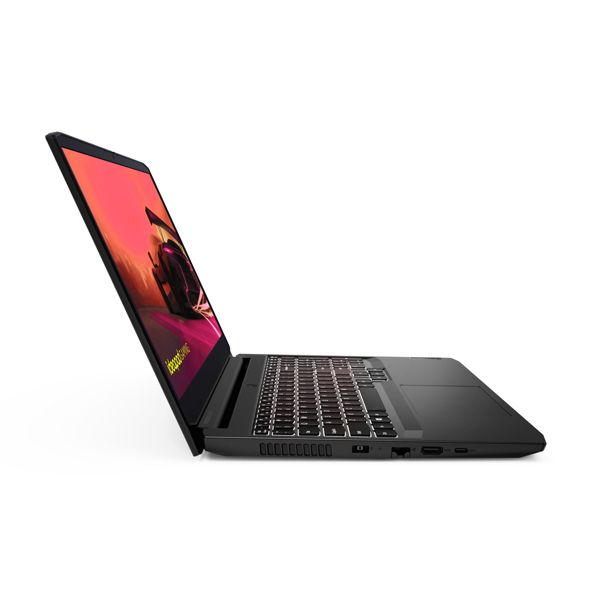 Ordenador portátil negro con teclado iluminado, en ángulo, con juego de carreras en pantalla.