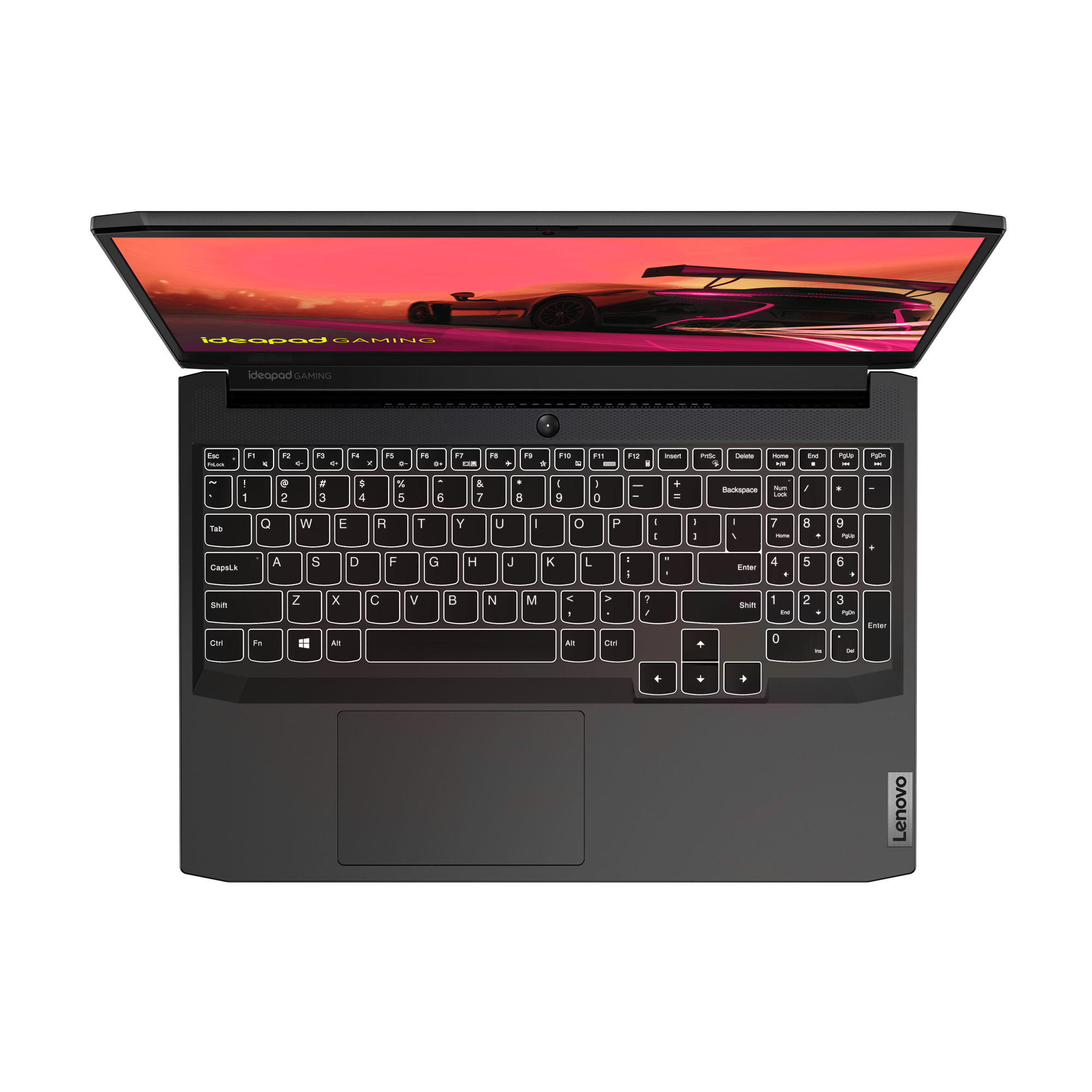 Laptop Lenovo IdeaPad gaming, abierto, mostrando teclado y pantalla. Negro y gris.