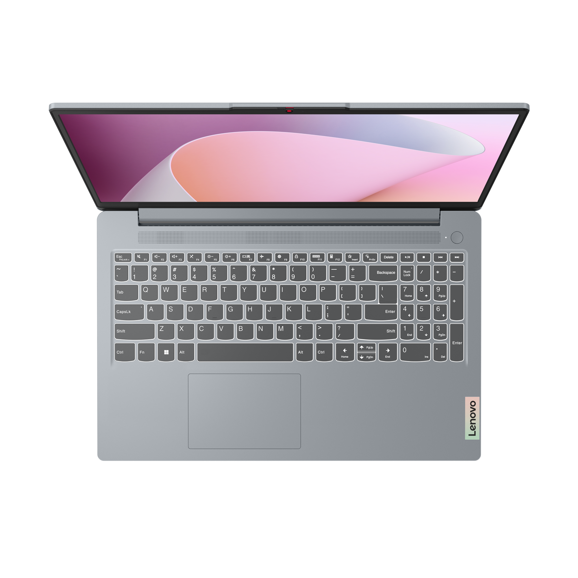 Ordenador portátil, vista superior, abierto. Cuerpo gris, fondo de pantalla rosa y teclado.