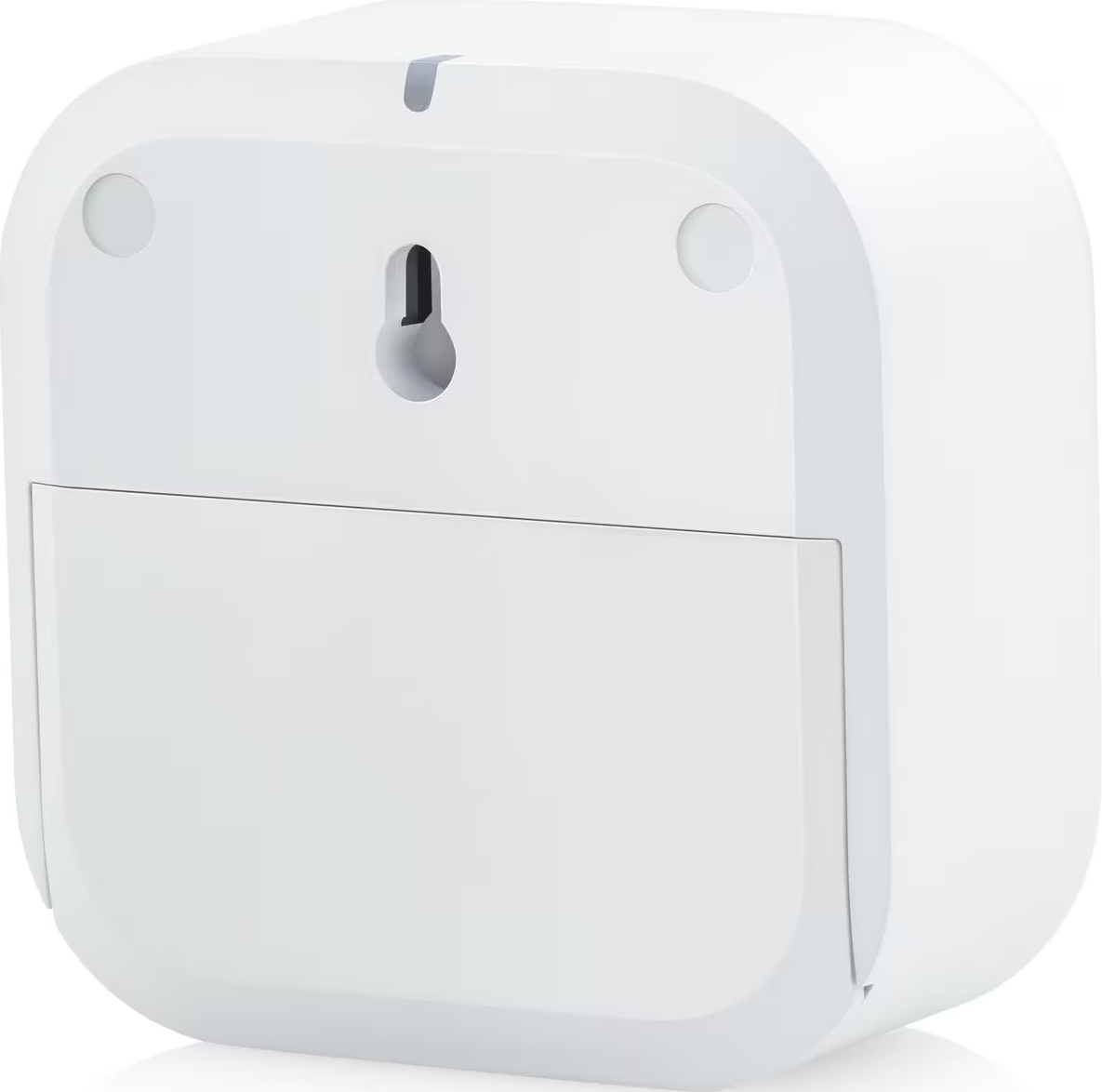 Die Rückseite eines weißen Smart-Home-Geräts. Es hat ein Fach und ein Loch zur Montage.