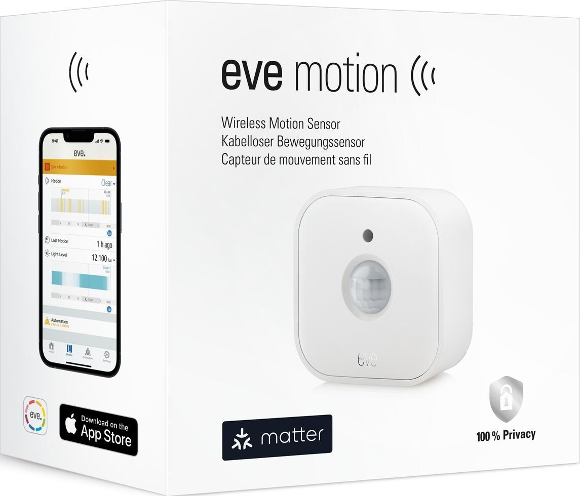 Weiße Box mit einem Eve Motion Sensor und einem Smartphone, das eine App-Oberfläche zeigt.