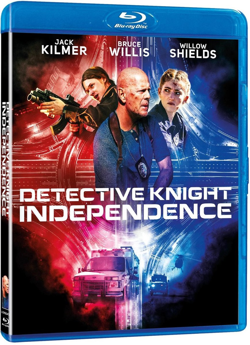 Blu-ray filmhoes met drie mensen, één met een pistool, en de tekst: Detective Knight: Independence.