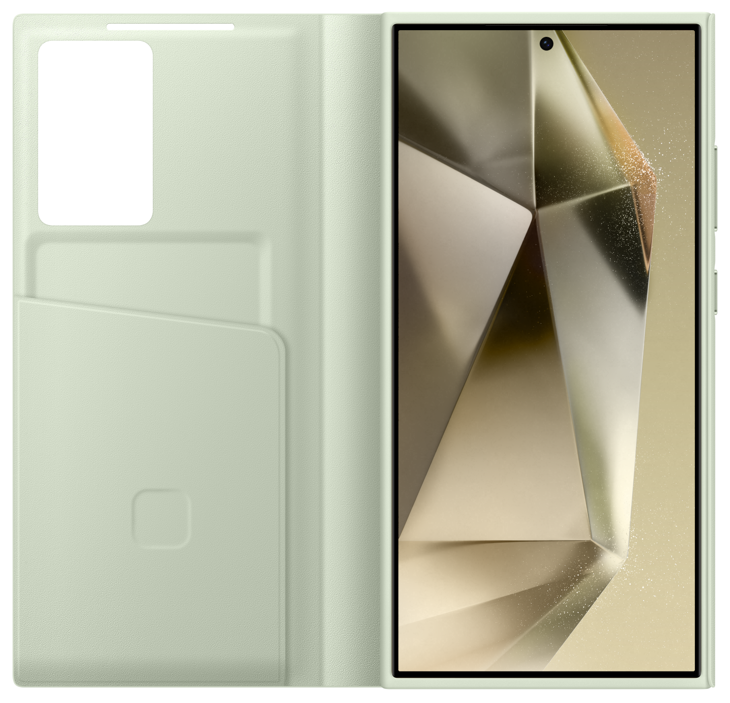 Nyitott menta telefontok egy geometriai mintát mutató telefonnal. A tokban van egy zseb.