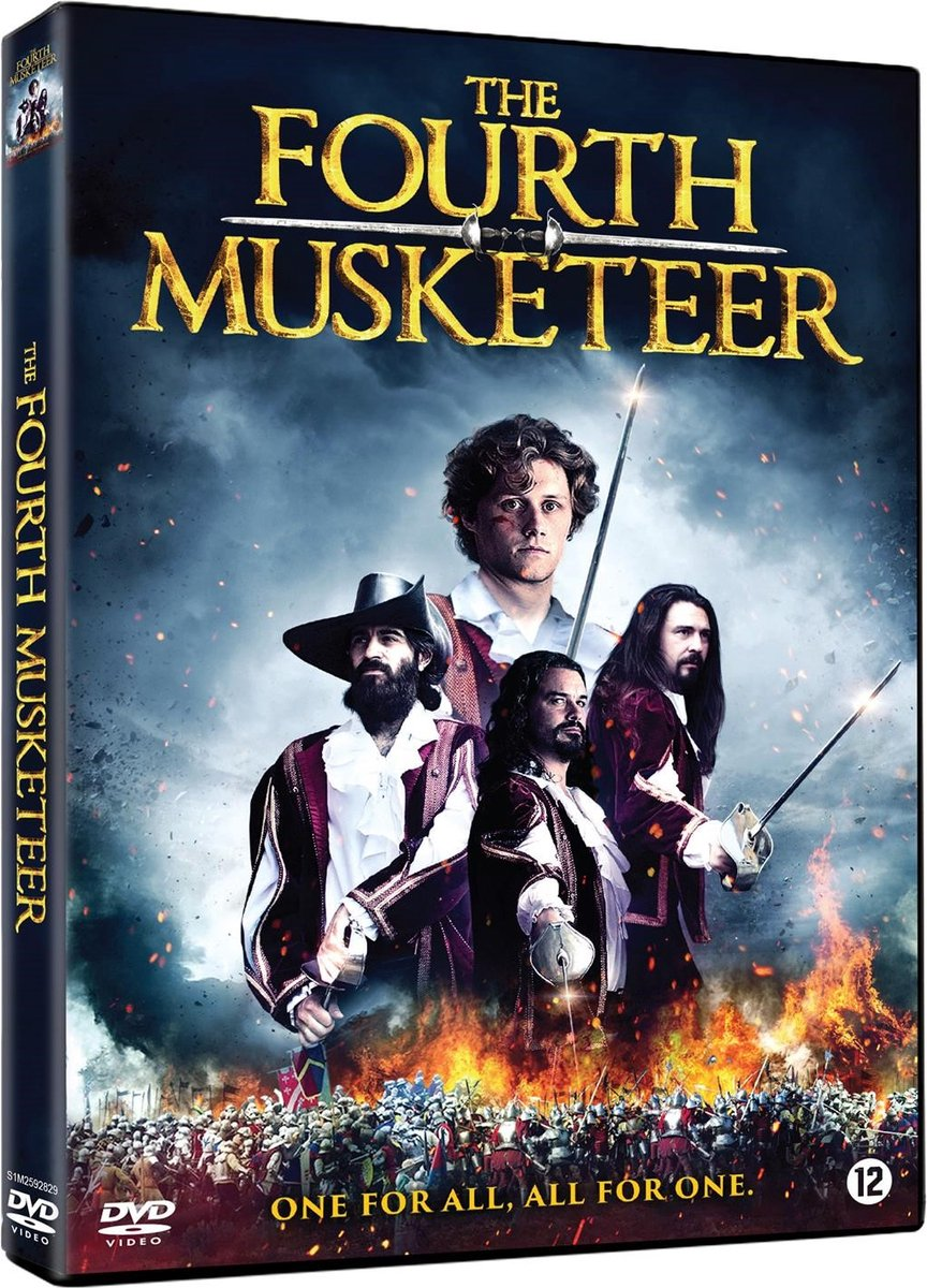 Couverture de film : Quatre mousquetaires en costume, des flammes et une scène de bataille.
