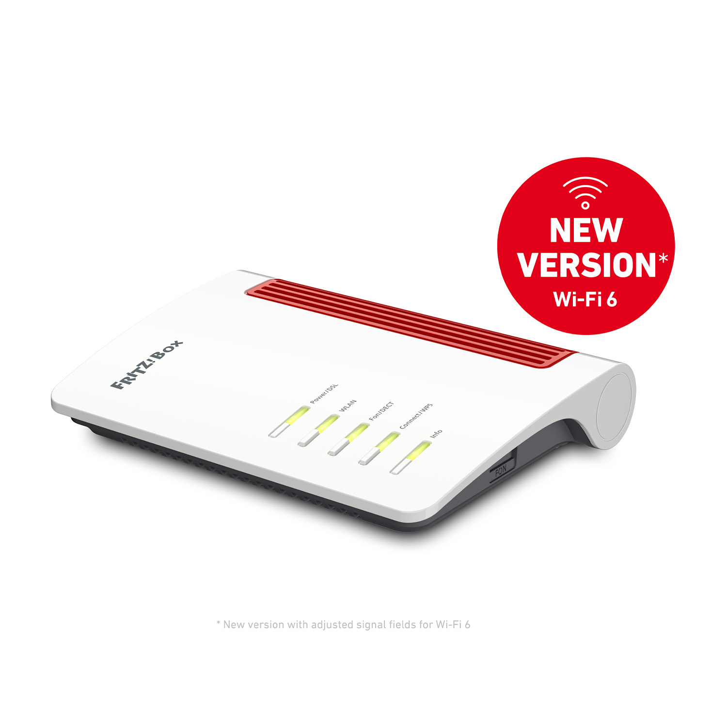 Un router bianco e rosso con luci e un adesivo 'Nuova versione'.