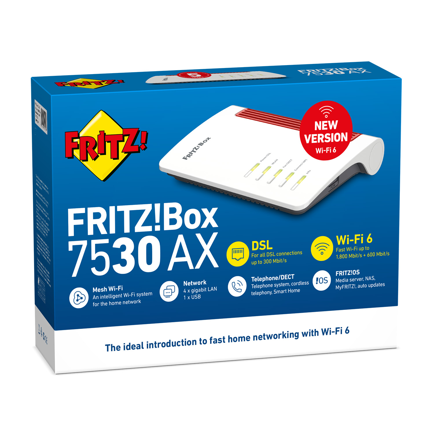 Scatola del router FRITZ!Box 7530 AX. Include prodotto, marchio e informazioni Wi-Fi 6.