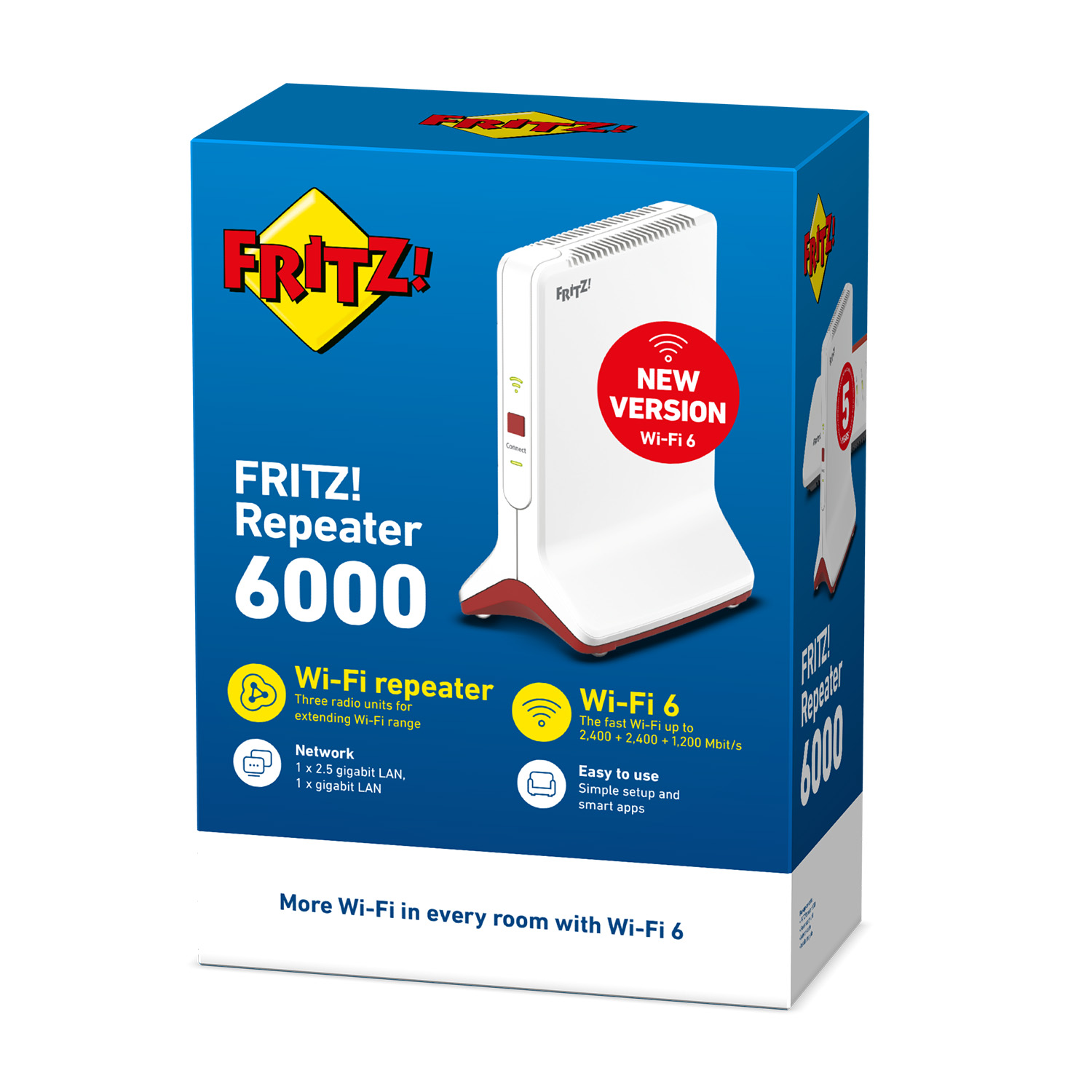 Una scatola per un Fritz! Repeater 6000. È bianca e ha un design rosso e blu.