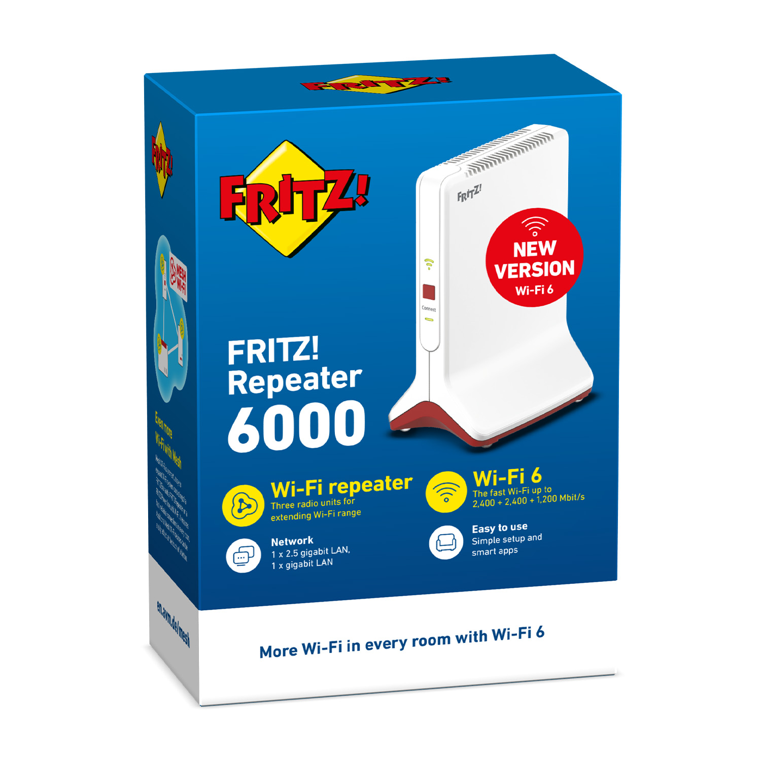 Scatola del ripetitore Wi-Fi FRITZ! Repeater 6000. Il frontale mostra il prodotto e le funzioni Wi-Fi 6.