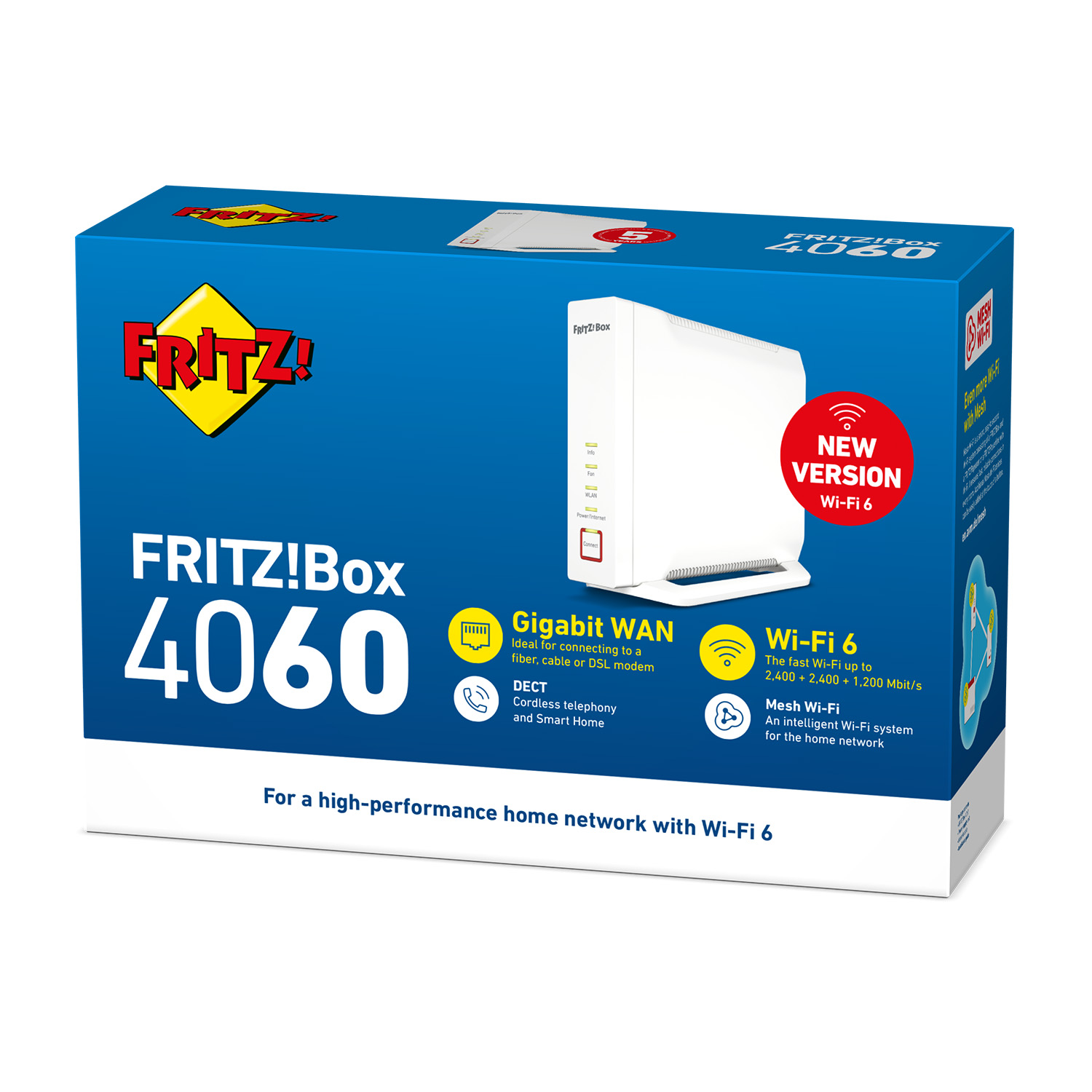 Scatola di un router FRITZ!Box 4060 Wi-Fi 6 con informazioni sul prodotto e logo.