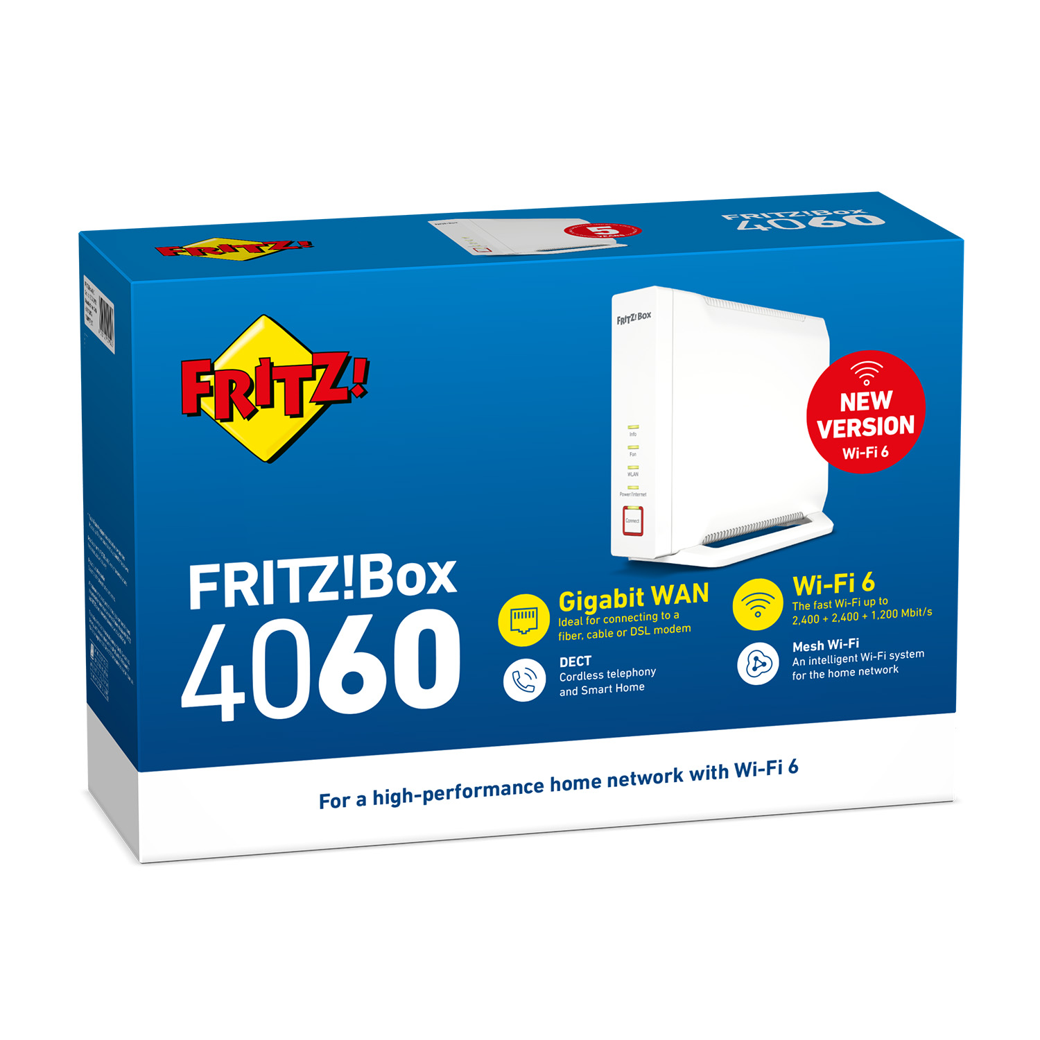 Scatola FRITZ!Box 4060. Router bianco con Wi-Fi 6, Gigabit WAN e Wi-Fi 6.
