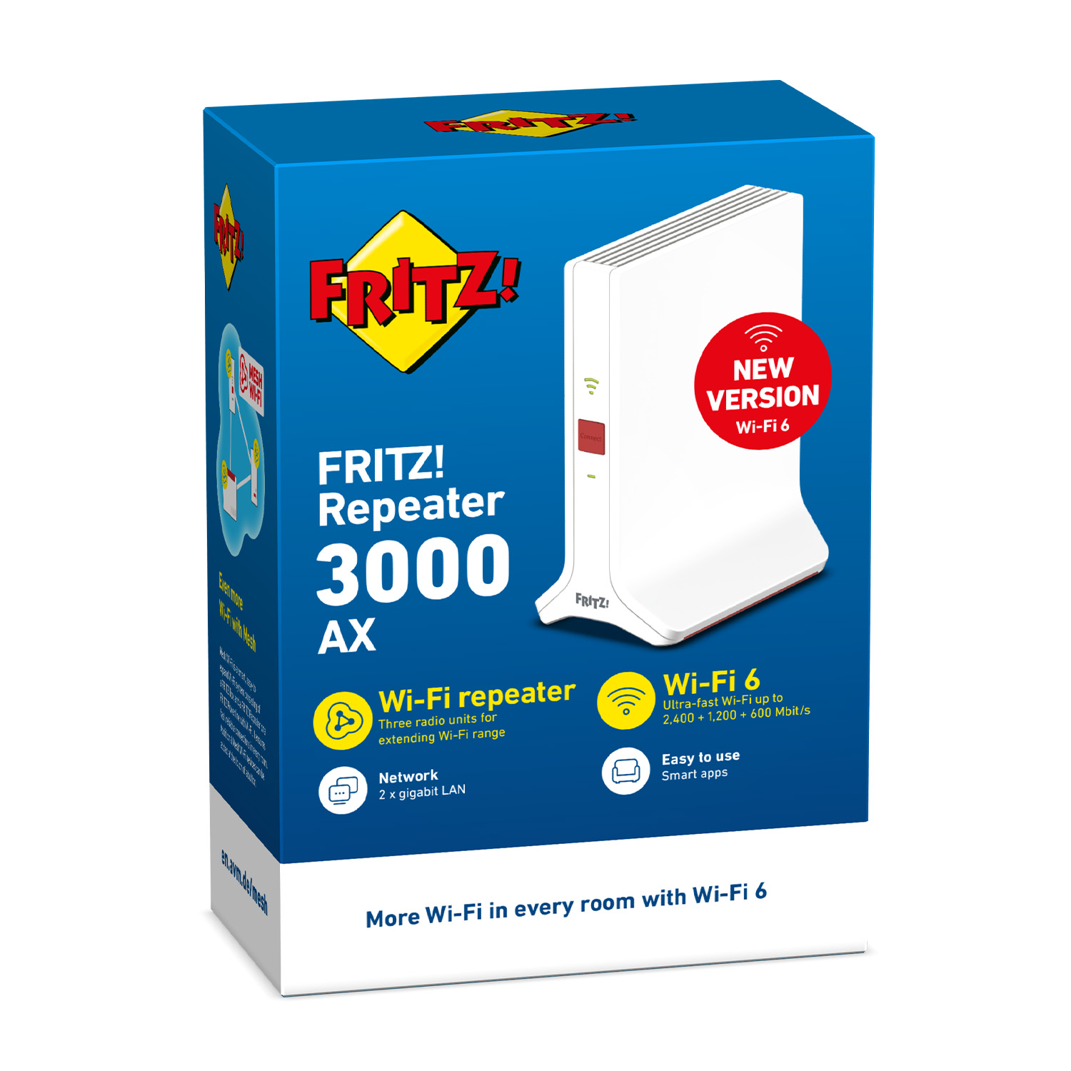Scatola di un router Wi-Fi bianco, con testo e simboli Wi-Fi sul fronte.