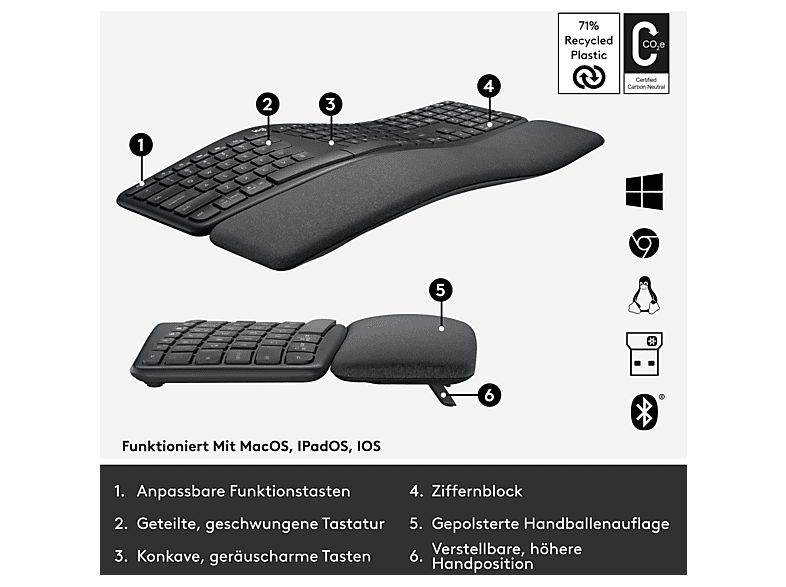 LOGITECH K860 ERGO Kabellose ergonomische Tastatur, DEU (Qwertz), Grafit — Foto 5 von 5