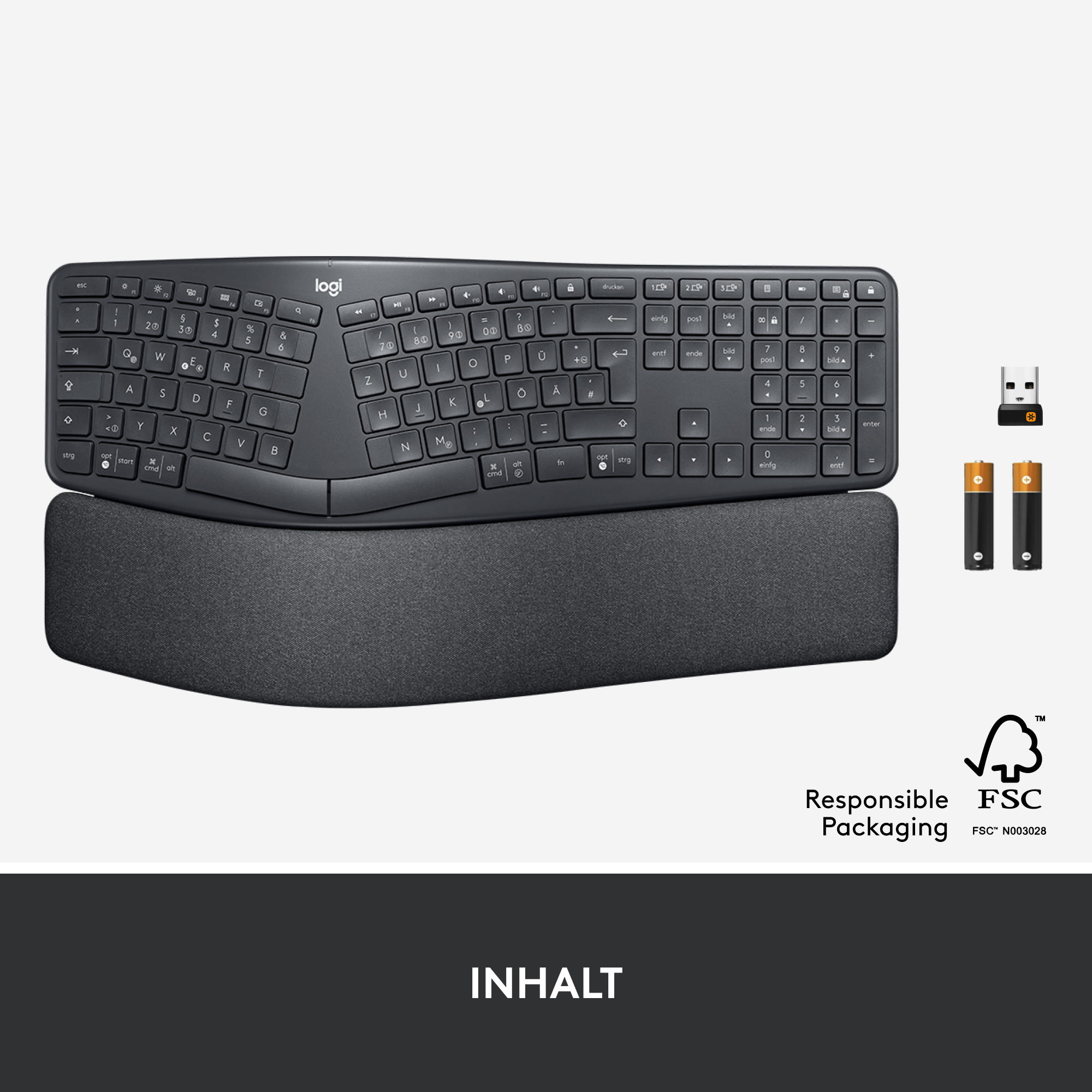Dunkelgraue Tastatur mit Handballenauflage und zwei Batterien. Das Layout ist ergonomisch und gebogen.