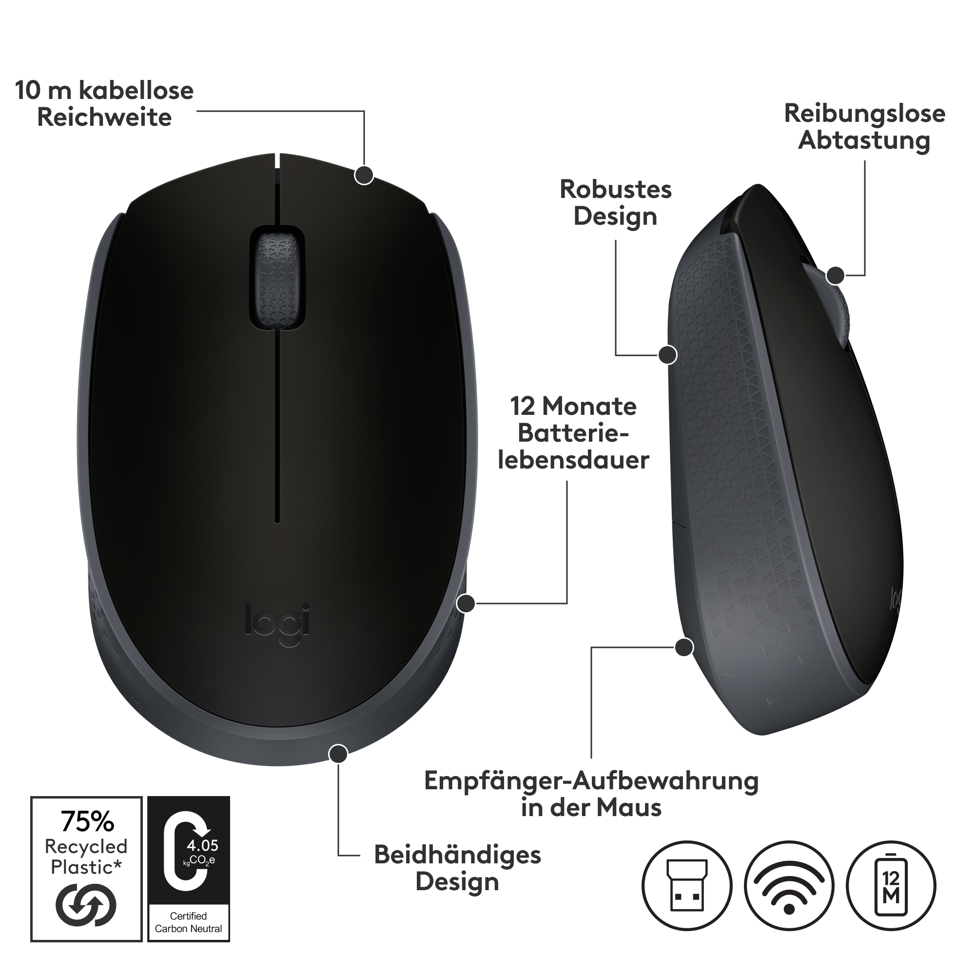 Schwarze kabellose Maus mit Designdetails und Textbeschriftungen. Beinhaltet Beschriftungen für recycelten Kunststoff und CO2-Neutral.