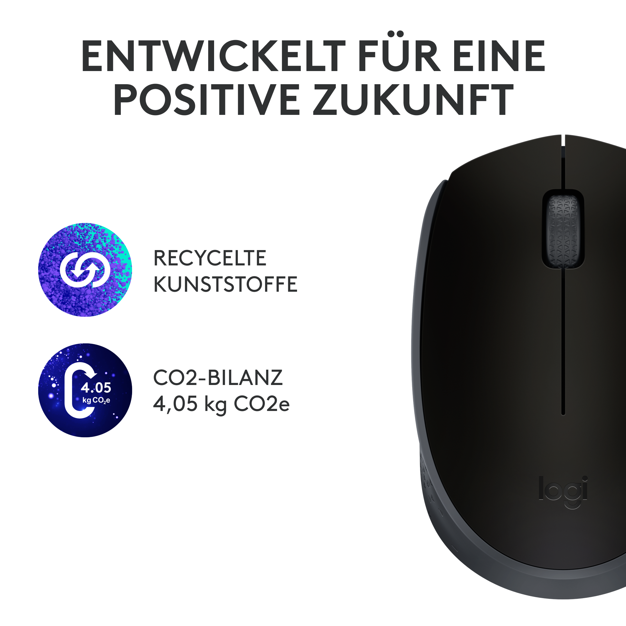 Eine Logitech-Maus mit Text über recycelte Materialien und CO2-Bilanz.