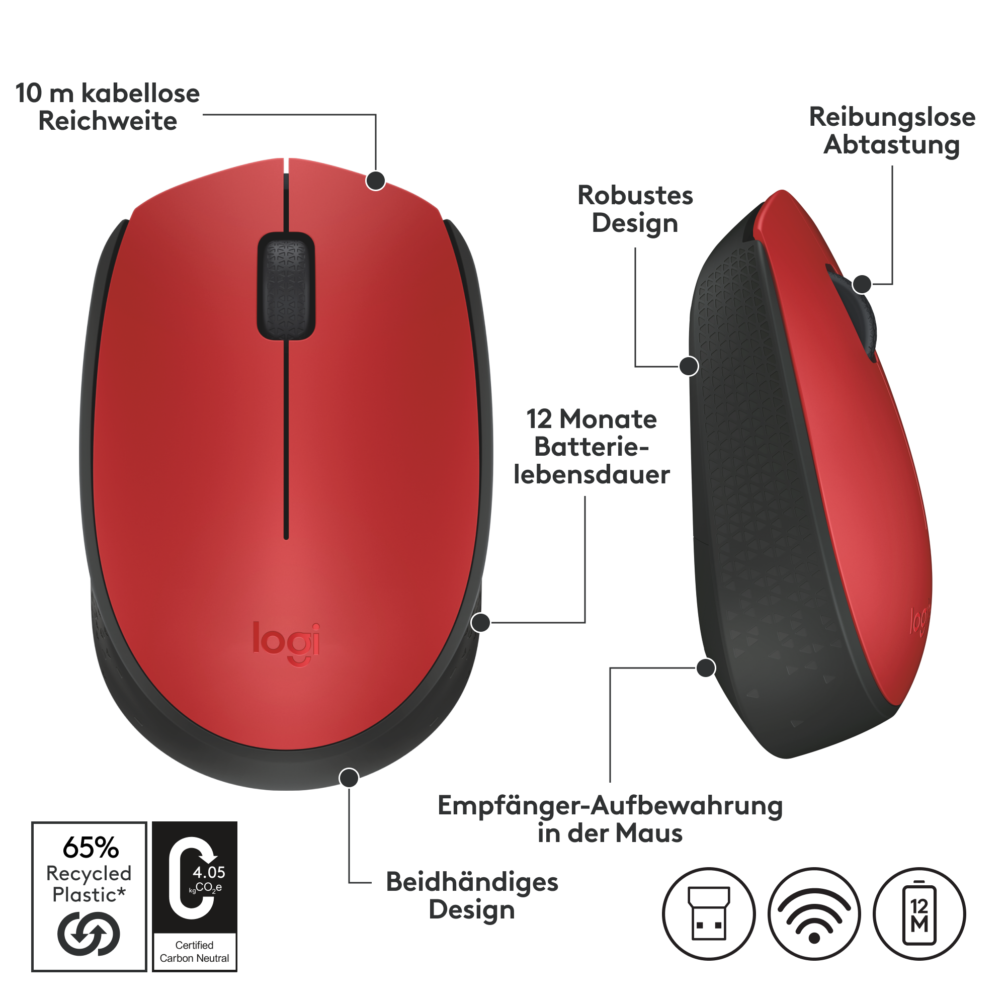 Rote und schwarze Computermaus mit Beschriftungen für Funktionen. Weißer Hintergrund, mit Text.
