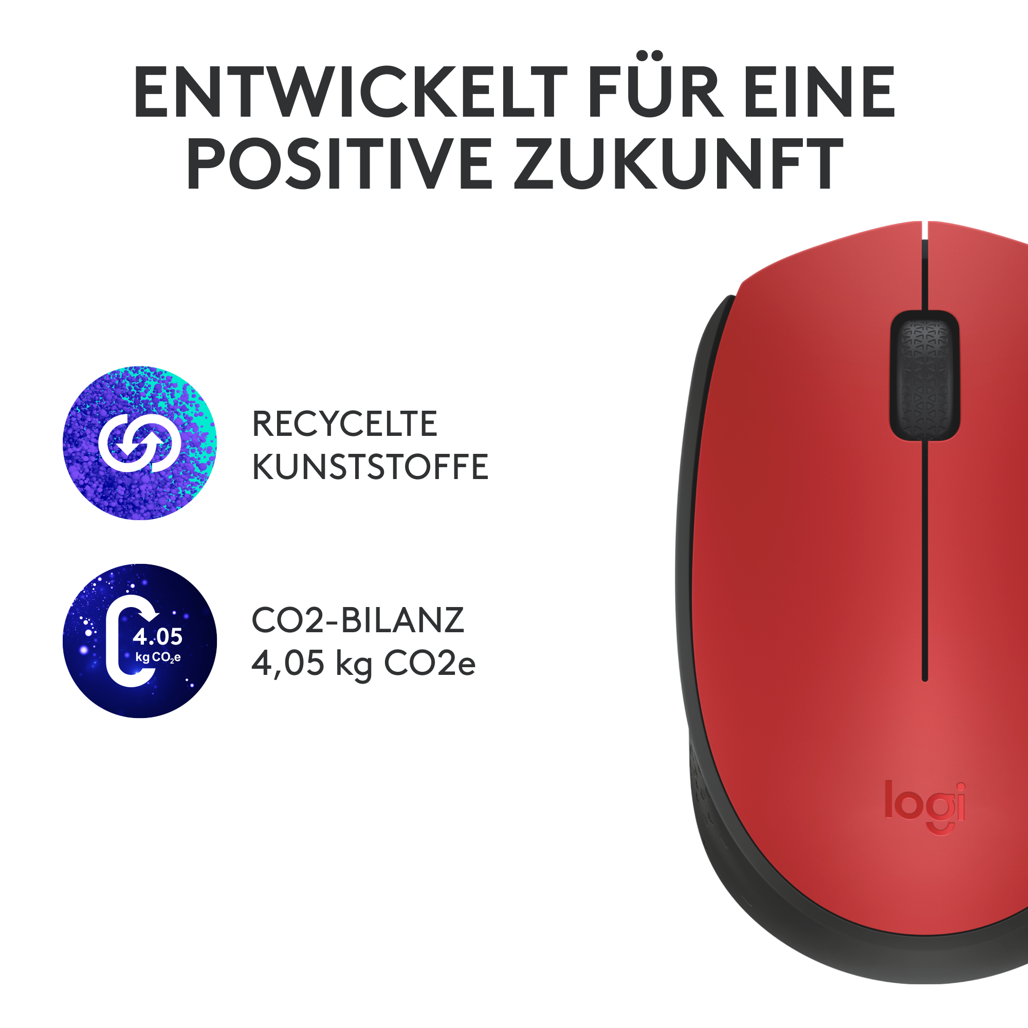 Eine rote Computermaus mit dem Wort „logi“ auf der Unterseite.