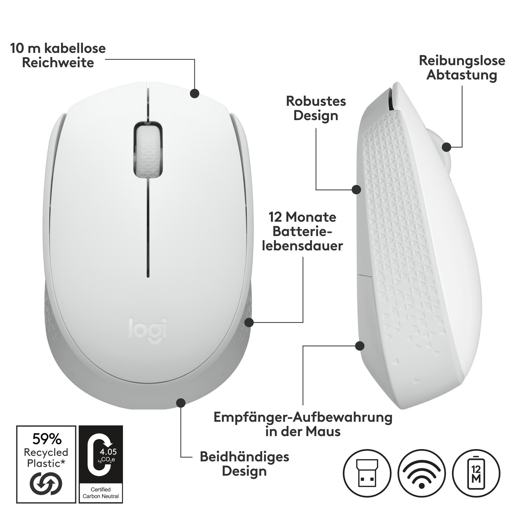 Eine weiße kabellose Maus mit beschrifteten Designmerkmalen und Recycling-Info.