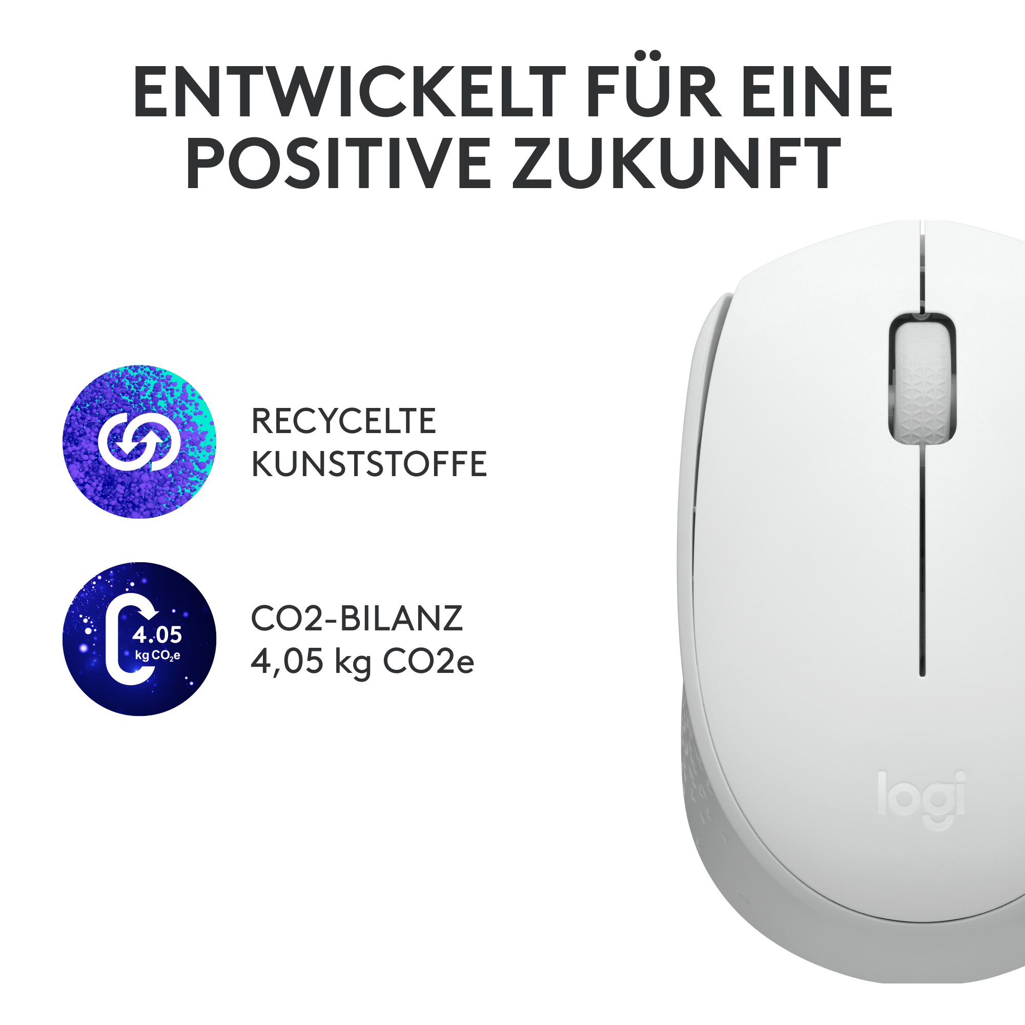 Weiße Computermaus neben Text zum Recycling.