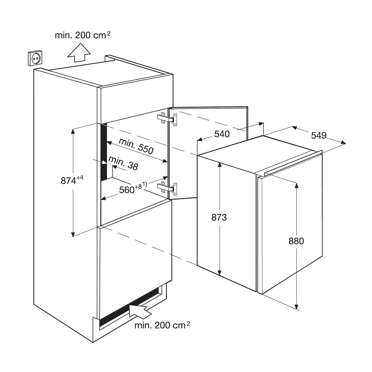 Disegno tecnico frigorifero-congelatore integrato, misure, sfondo bianco.