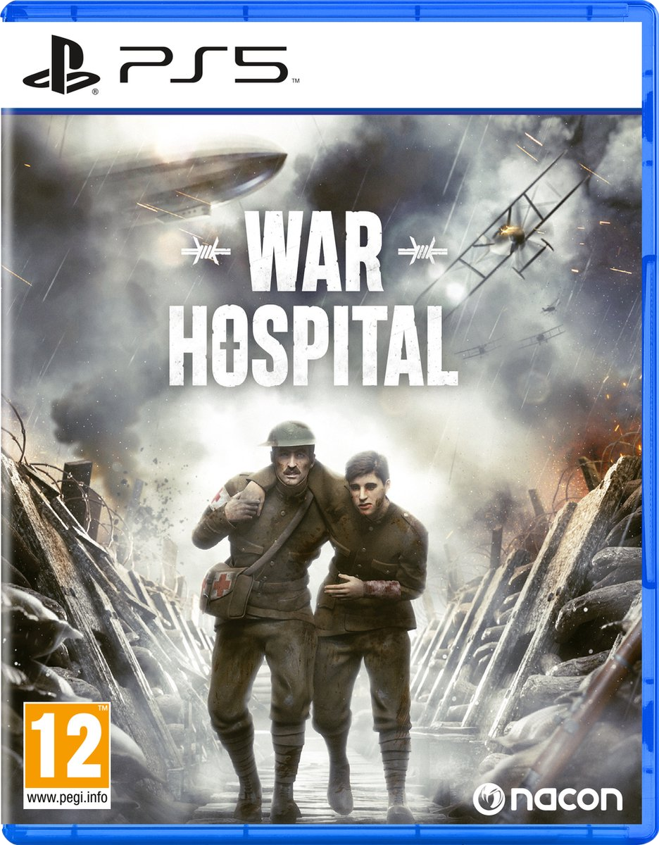 PS5-gamecover. Twee soldaten in WOI-setting. Titel: War Hospital. Achtergrond: vliegtuigen, prikkeldraad en rook.