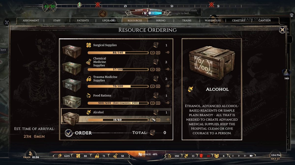 Game-interface: scherm voor het bestellen van grondstoffen met chirurgische, chemische, trauma-, voedsel- en alcoholvoorraden.