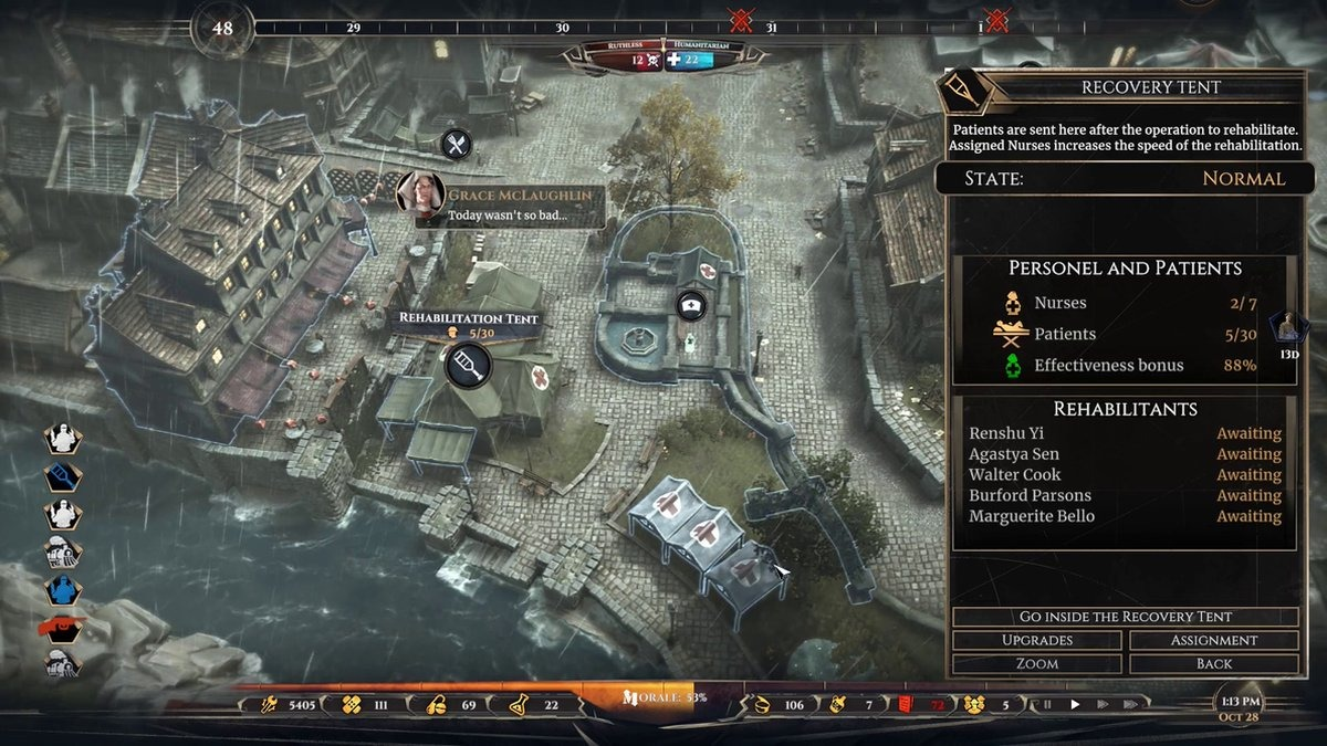 Een bovenaanzicht van een game-interface met een stad en menu's.