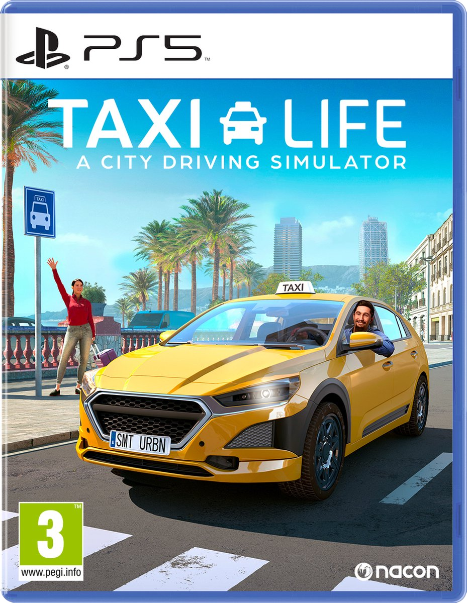 PS5 game cover: taxi in een stad, een vrouw zwaait, en de titel van het spel.
