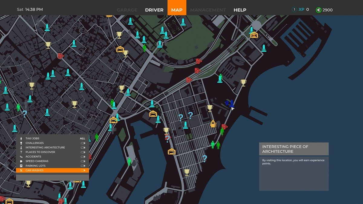 Stadskaart uit een videogame met markeringen, tekst en een UI-overlay.