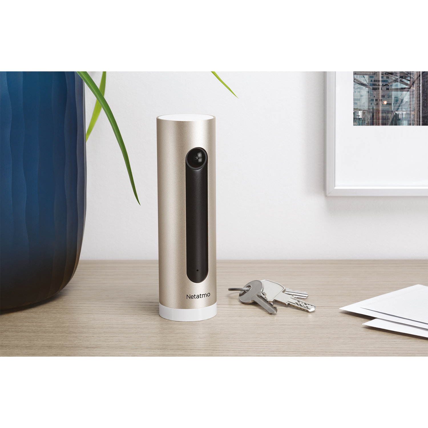 Telecamera Netatmo dorata. Obiettivo e striscia neri. Chiavi e scrivania con pianta visibili.