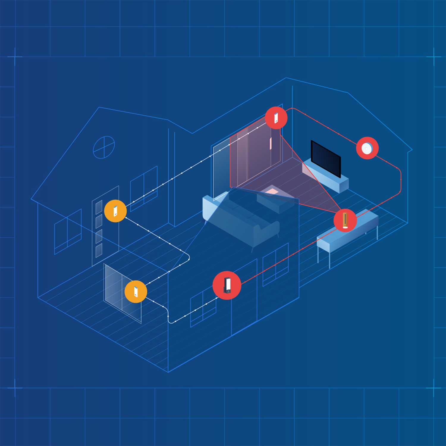 Diagramma di interni di una casa con dispositivi smart collegati su griglia blu.