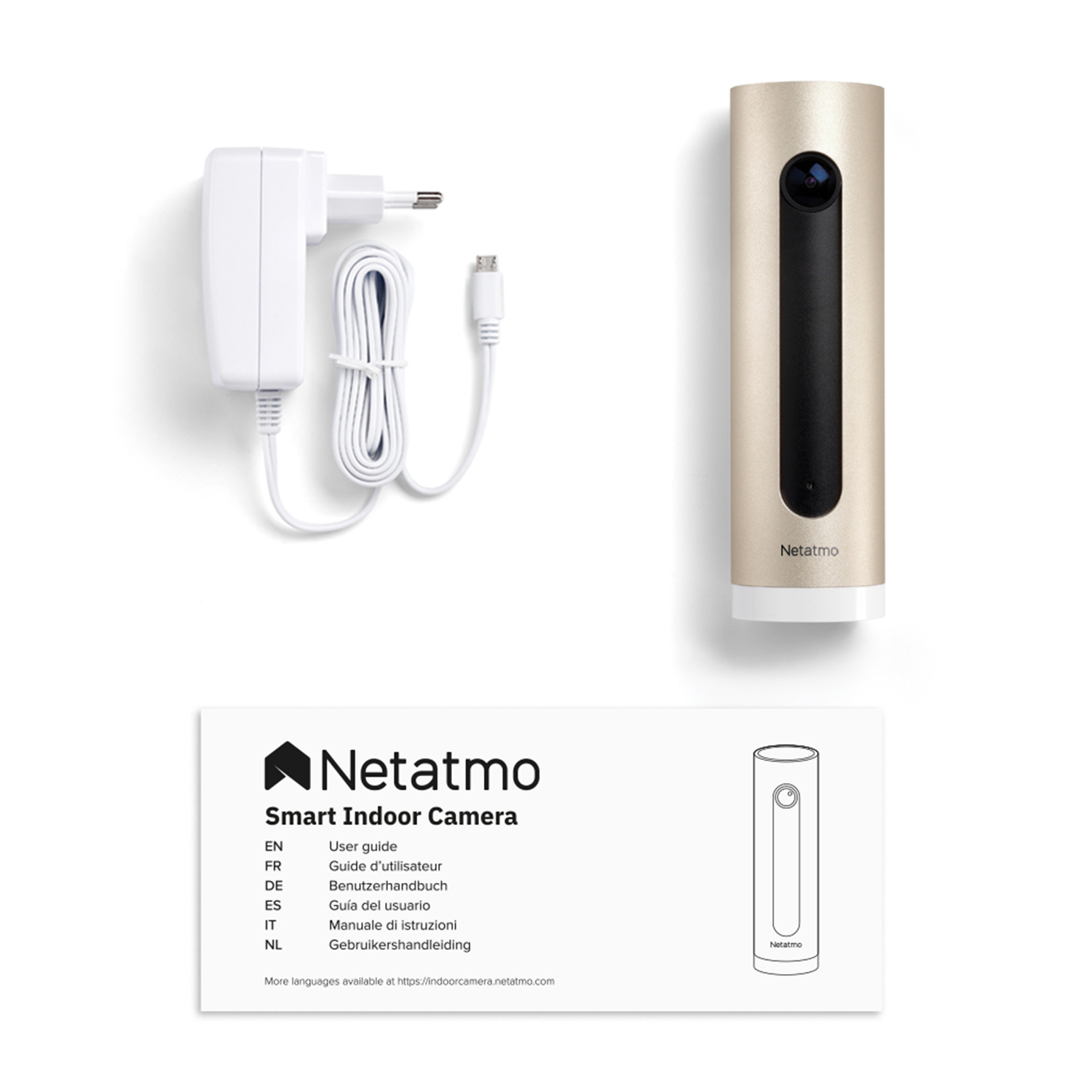 Telecamera interna intelligente Netatmo, adattatore di alimentazione e guida per l'utente con testo multilingue.