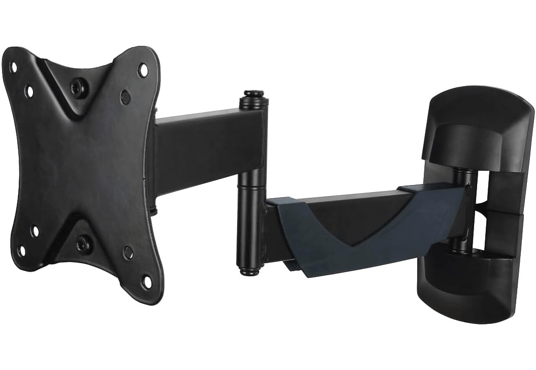 Un soporte de pared para TV negro, con dos brazos y una placa de montaje.