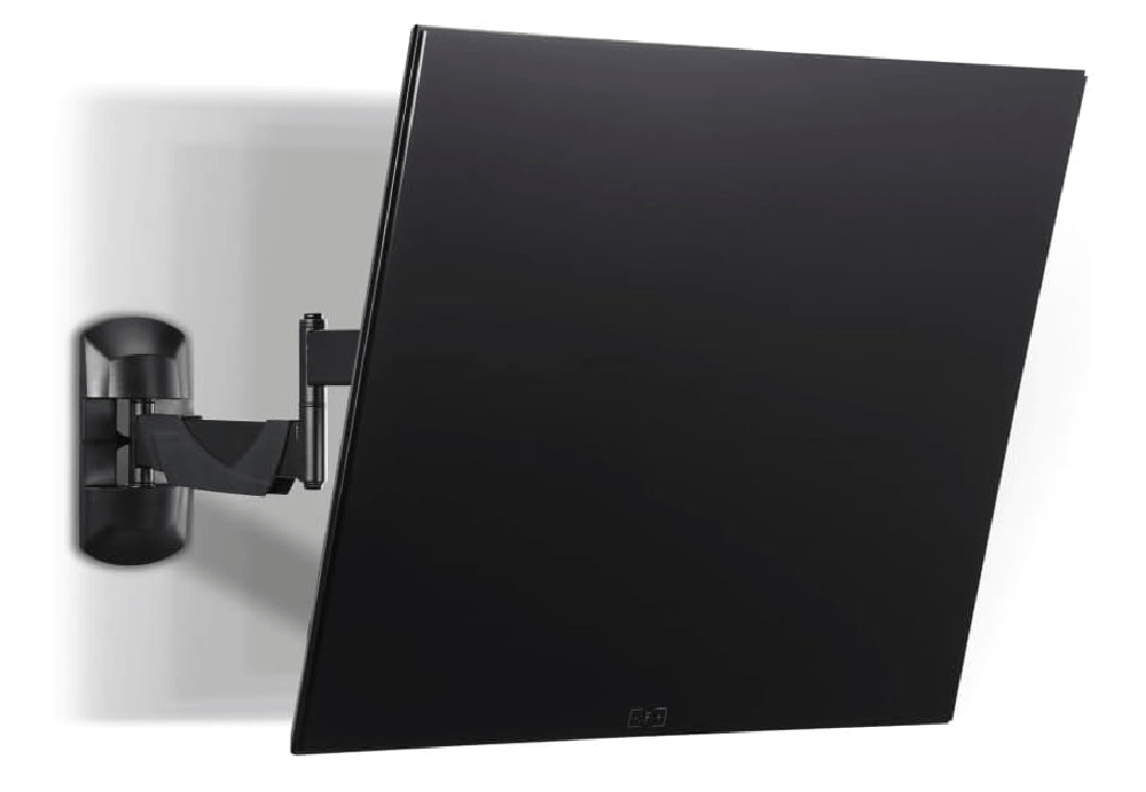 Un televisor negro montado en la pared con un diseño elegante y en ángulo y un soporte de montaje.