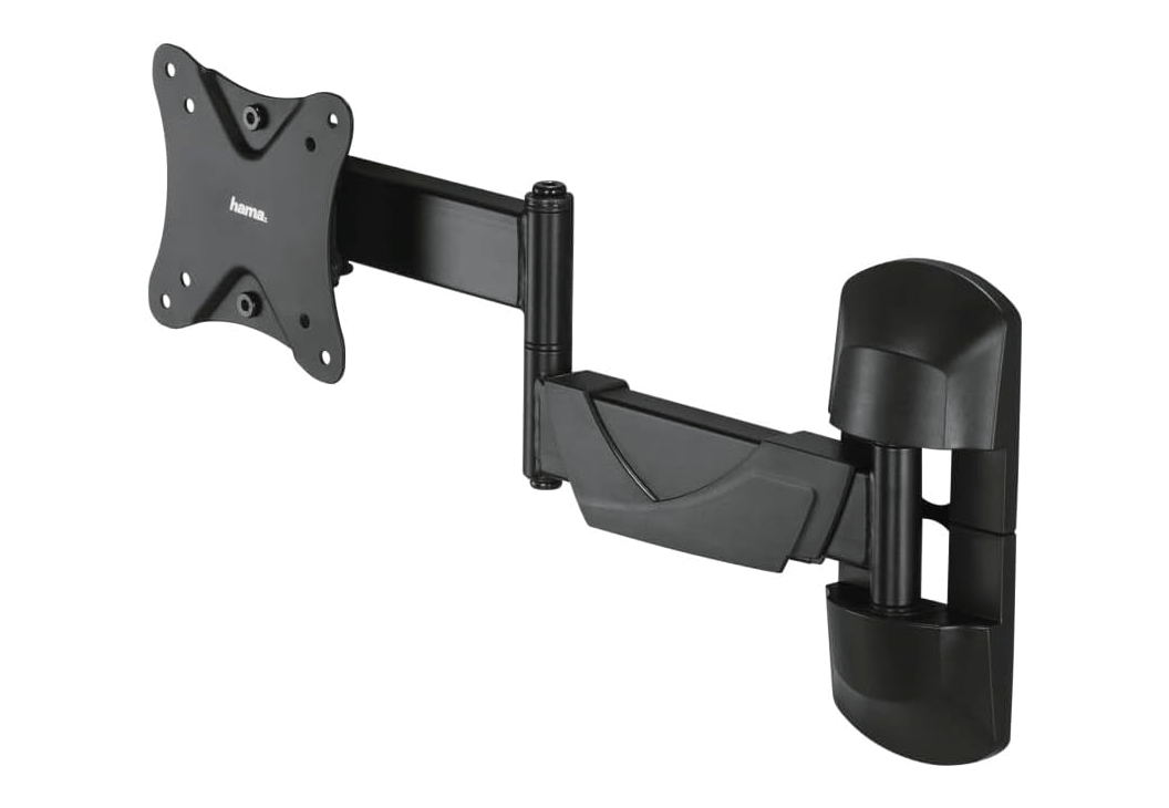 Un brazo de monitor negro, con múltiples articulaciones y una placa de montaje. Está diseñado para montar un monitor.