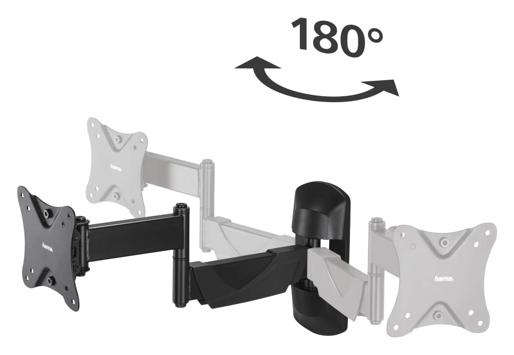 Soporte de pared articulado negro con flecha de rotación 180 grados.