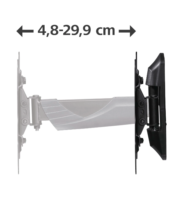 Soporte de TV, ajustable. Muestra rango de 4.8-29.9 cm. Colores negro y gris.