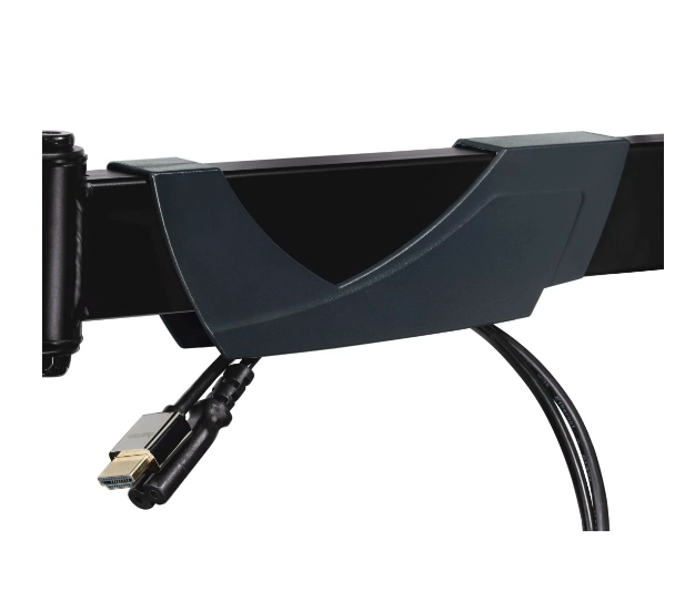 Primer plano de un brazo de monitor negro con cables y conectores visibles.