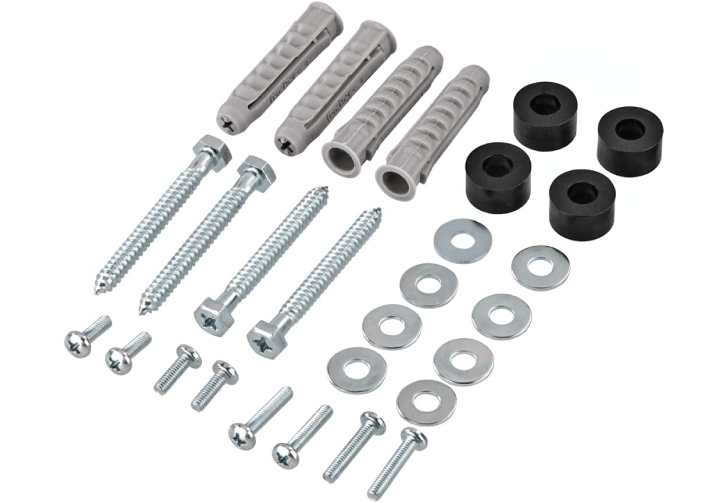 Varios tornillos, arandelas y tacos de pared para montaje. Son plateados y grises, sobre un fondo blanco.