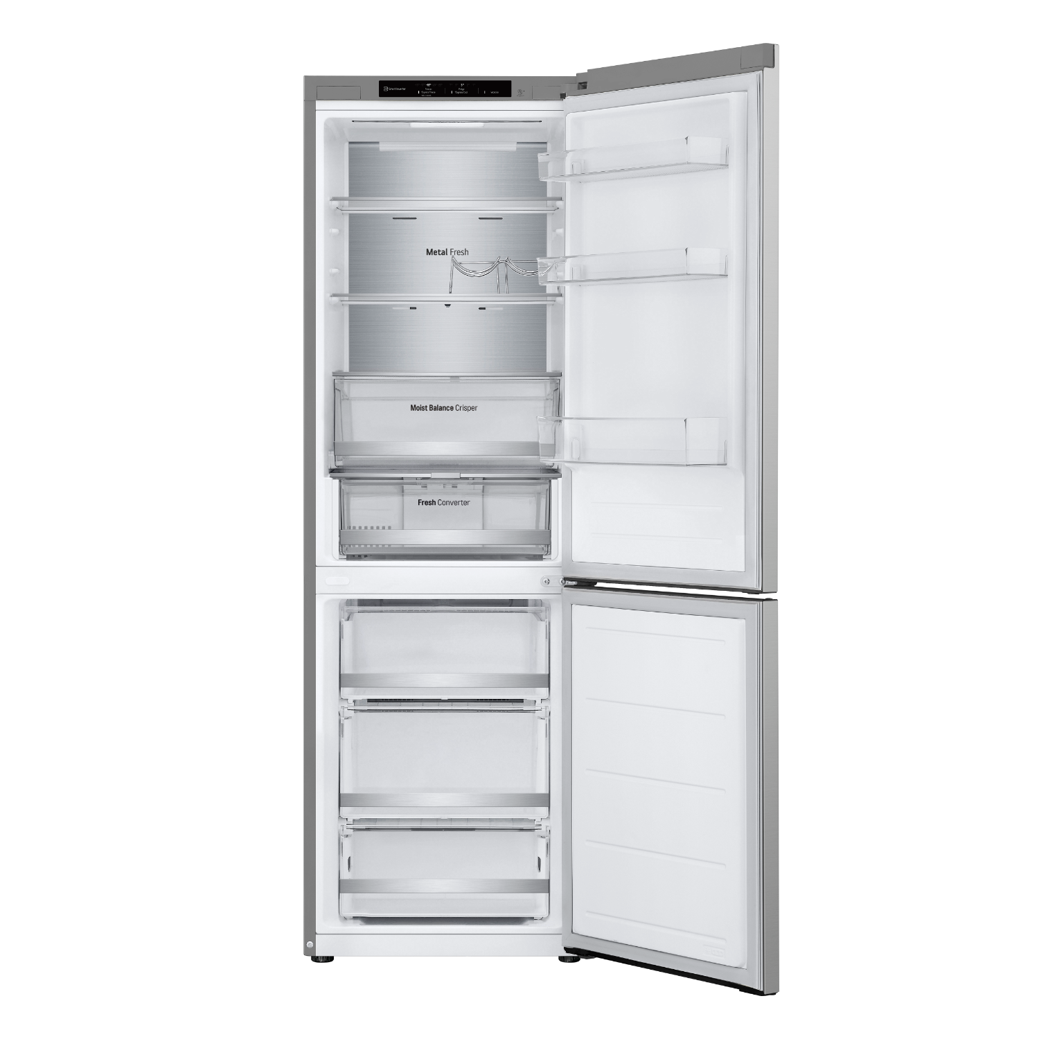 Een zilveren LG-koelkast met deuren open. Binnenin zijn planken en laden gevuld met voedsel.