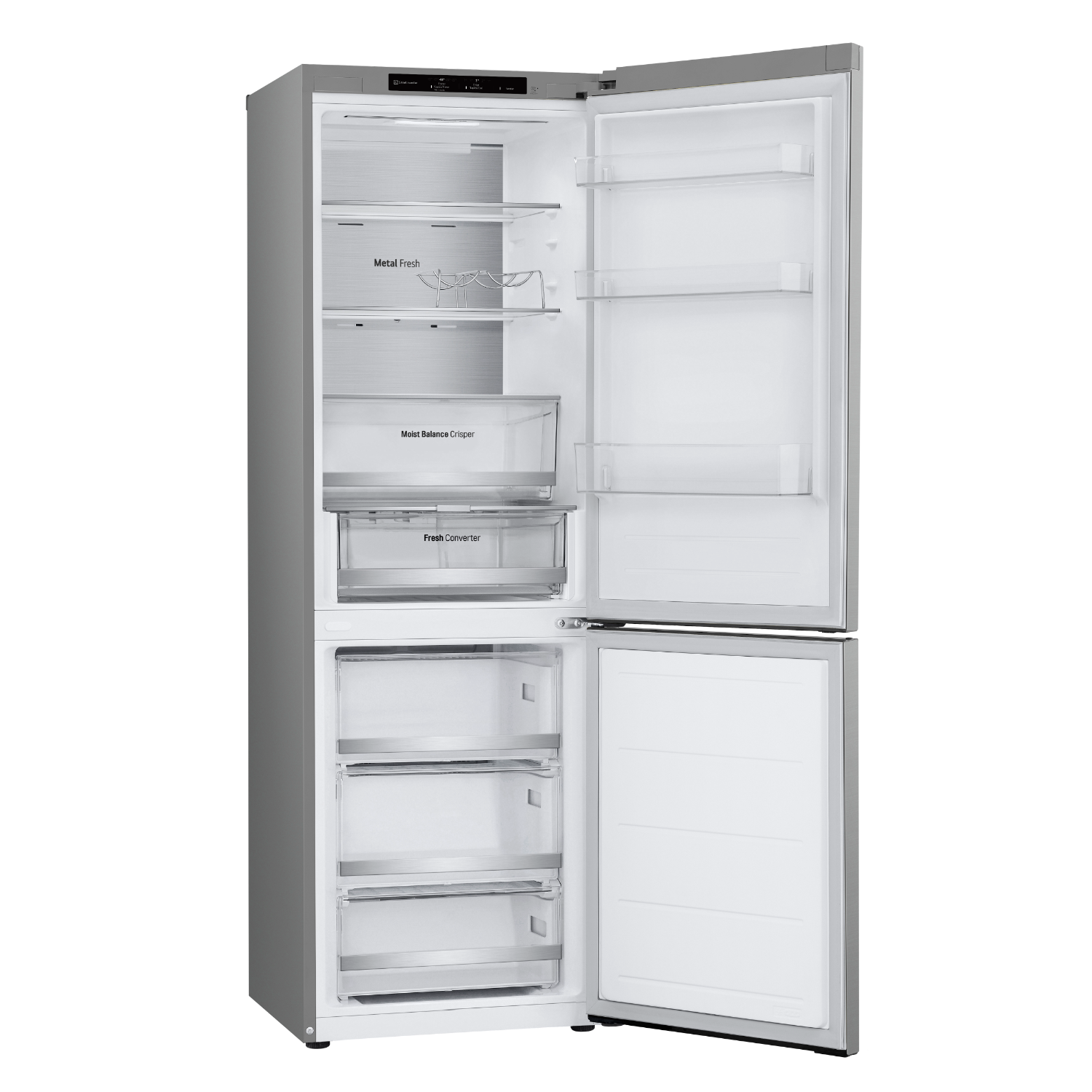 Een zilveren koelkast met open deuren. Interieur heeft planken, laden en opbergvakken.
