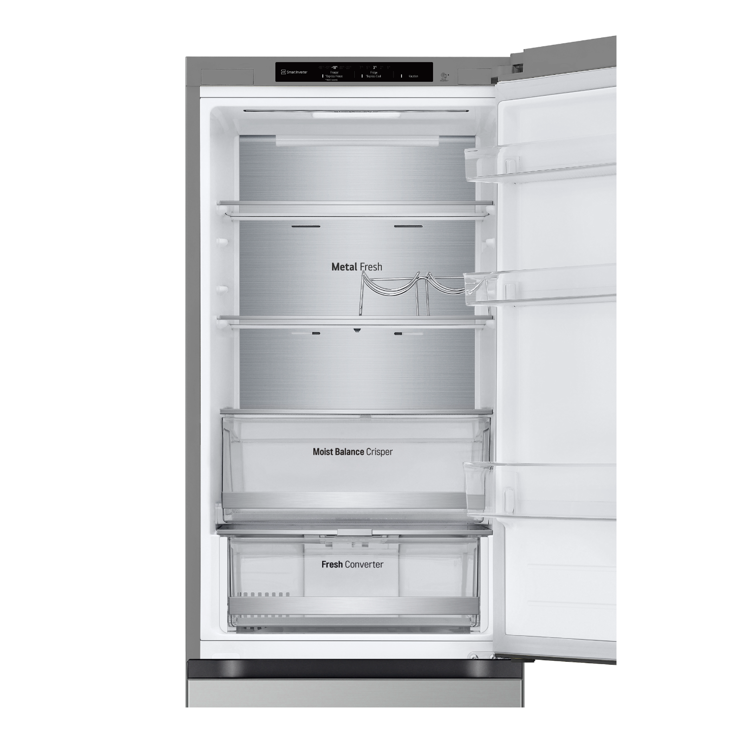 Een open koelkast met planken, lades en de woorden Metal Fresh en Moist Balance Crisper.