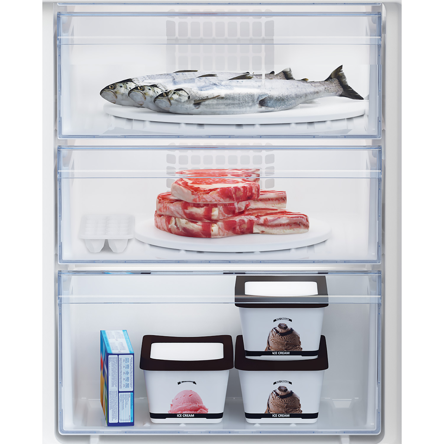 Un congelatore contenente pesce e gelato.