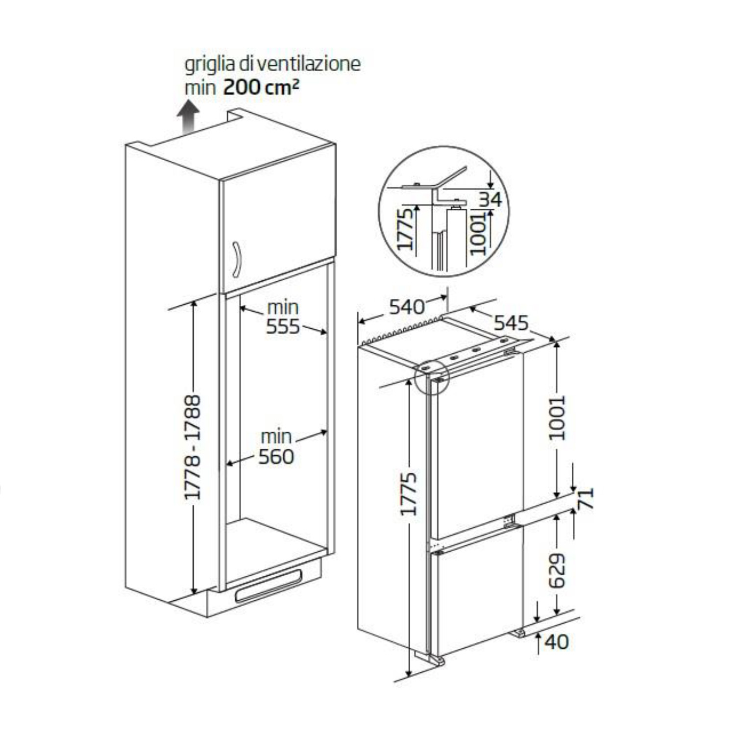 Diagramma con dimensioni di un frigorifero. Include misure e dettagli di ventilazione.