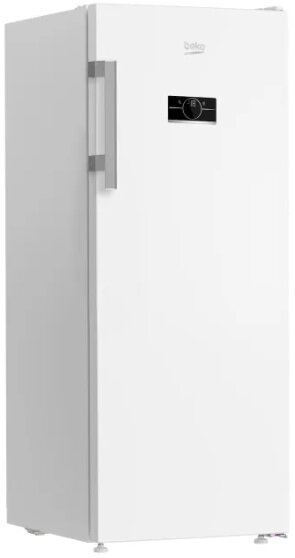 Biała zamrażarka z pojedynczymi drzwiami.