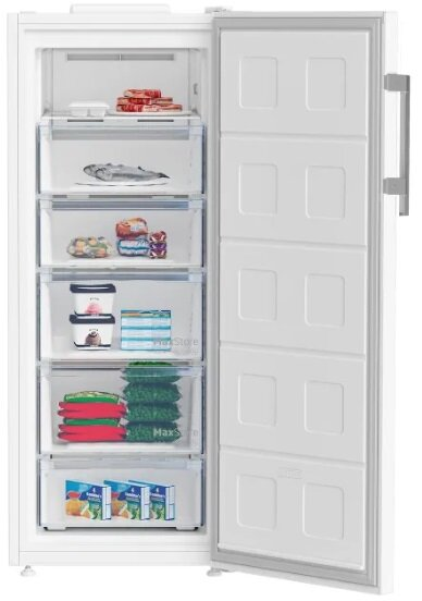 Biała lodówka z otwartymi drzwiami, pokazująca szuflady z jedzeniem w środku.