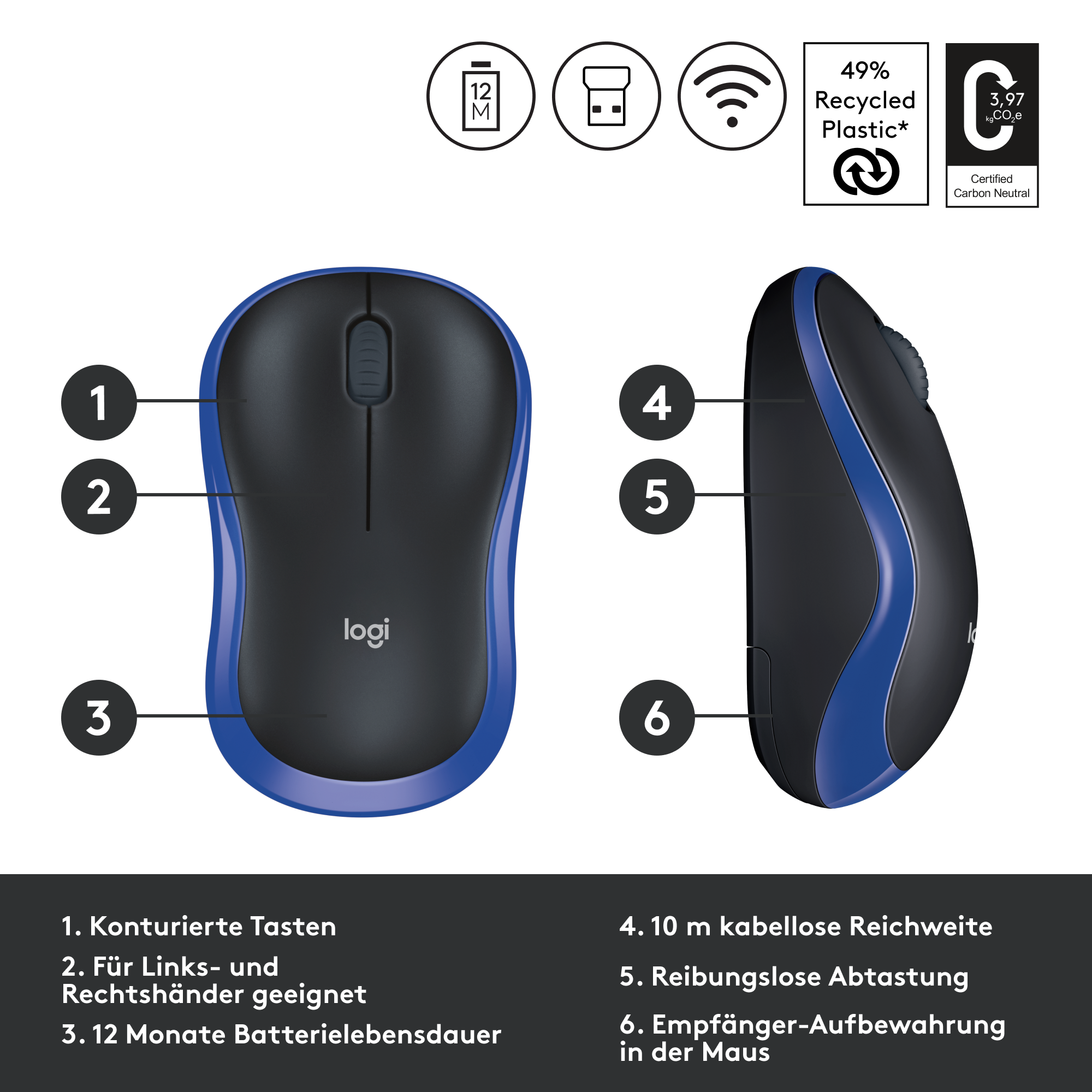 Eine blau-schwarze Maus, mit beschrifteten Teilen und Recycling-Info.