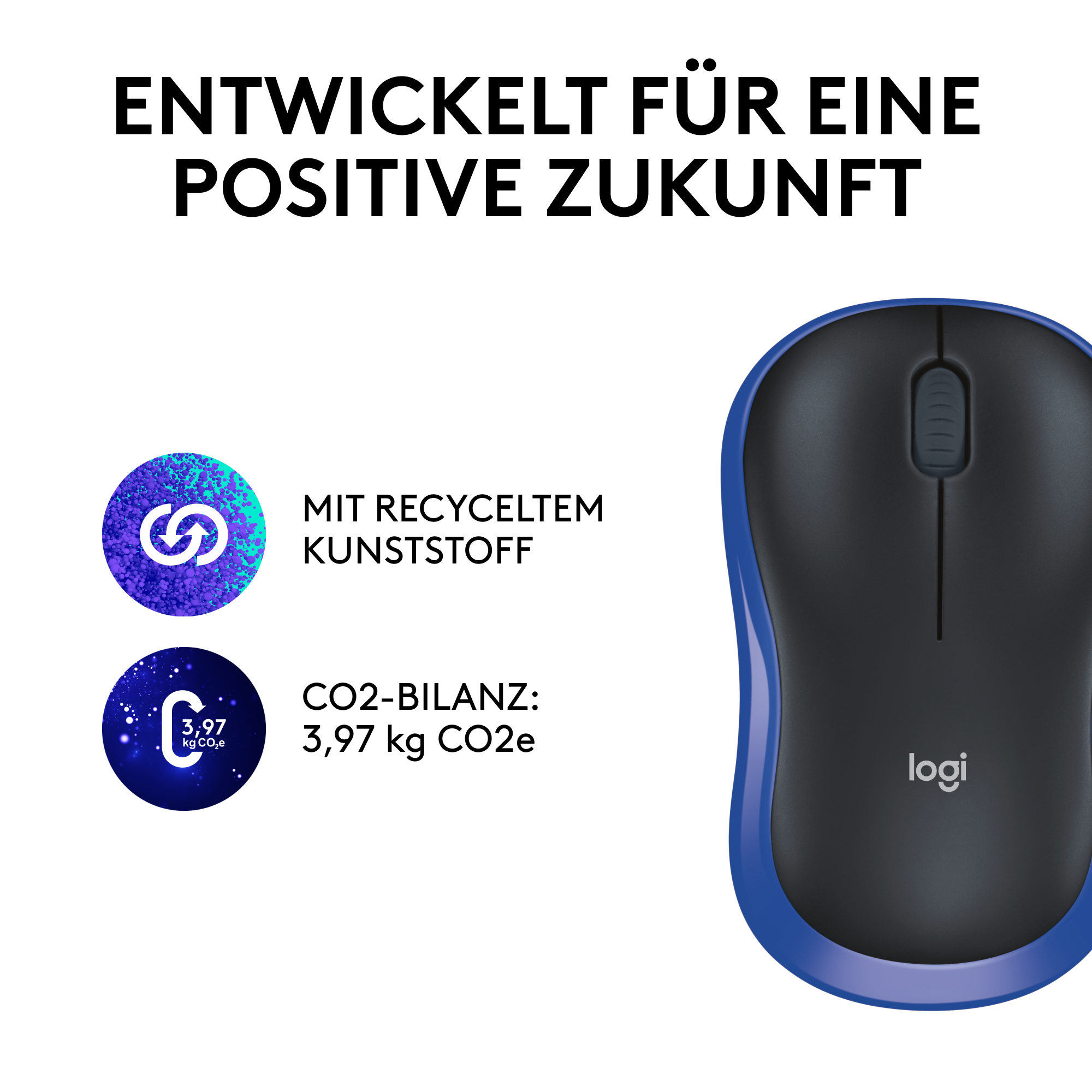 Die Maus ist schwarz und blau mit dem Logi-Logo, neben Texten.