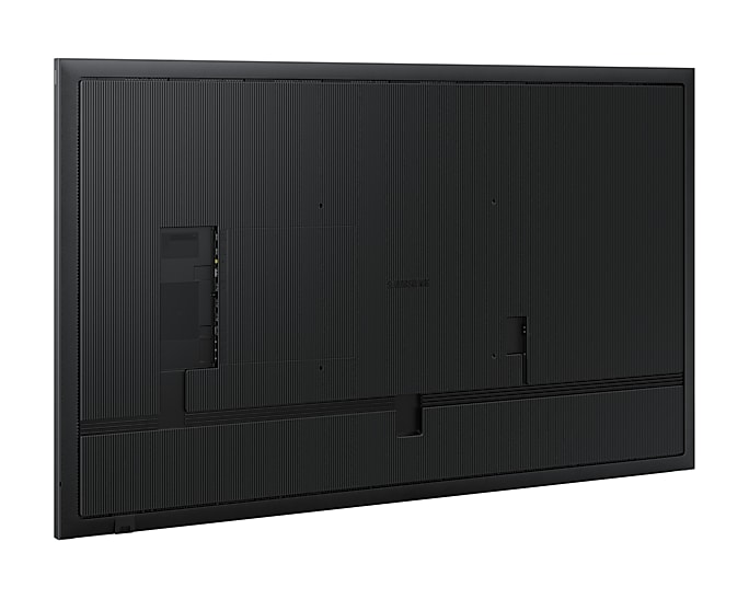Schwarze Samsung TV-Rückseite mit Anschlüssen und Logo. Strukturierte Oberfläche.